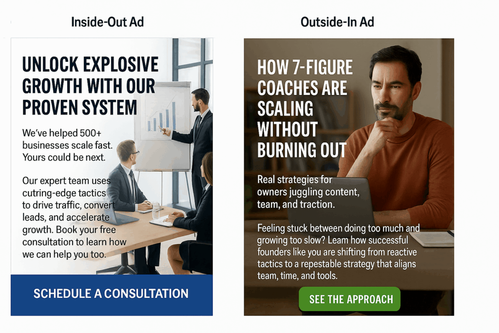 Ads for in inside-out marketing funnel compared to the same ad written for an outside-in marketing funnel